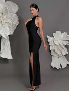 露背针织绷带连衣裙，奢华欧式风格，性感露背开衩晚礼服，修身铅笔裙，适合家庭聚会和正式场合