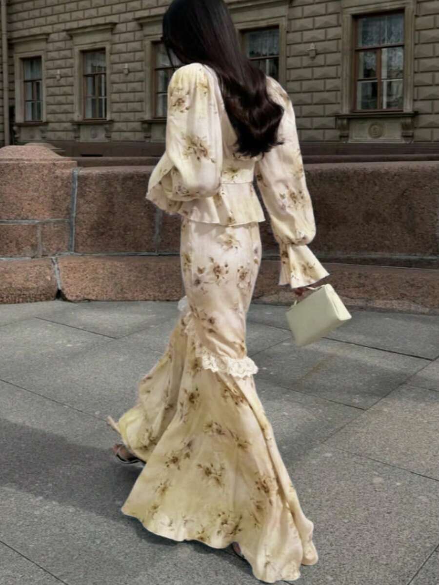 女士优雅花卉蕾丝荷叶边两件套，适合日常穿着、婚礼、庆典、万圣节 - 蒼黃 - 查看 1