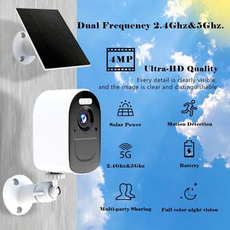 1 pieza Cámara de inalámbrica solar de 4MP para exteriores, cámara inteligente para el hogar con WiFi de banda dual 2.4G/5G, equipada con sistema de monitoreo panorámico PTZ de 355°, detección de movimiento humano con IA, visión nocturna a color y comunicación bidireccional. Compatible con almacenamiento en la nube y tarjeta SD. Cámara CCTV WiFi conectada al teléfono celular, adecuada para el hogar, el garaje, aplicaciones comerciales y la gestión remota de propiedades.