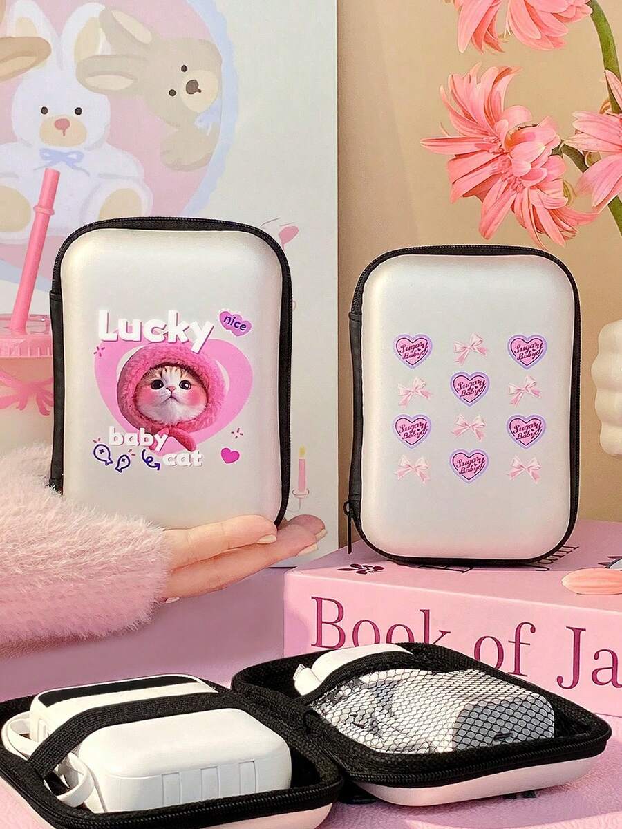 Cat & Bowknot Heart Pattern Digital Storage Bag, Portable Organizer Box Suitable For Chargers, Cables, USB Drives, HDDs, Computer Accessories, Adapters, Bluetooth Earphone Cases, Jewelry Box - An Excellent Gift Choice Charger Bag Charger Case Waterproof Bag For Women For Men Electronic Organizer Travel Essentials