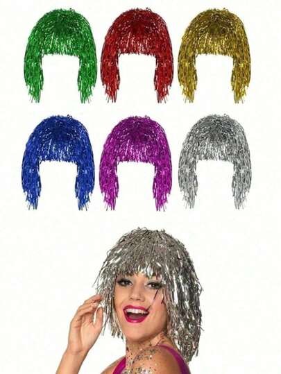 1pc Sparkling Party Wig Christmas Foil Tinsel Wig Fancy Dress Shiny Party Wig Adult Metal Cosplay Supplies Masquerade Engagement Ball Sparkling Party Wig Metal Costume Cosplay Props Birthday Party Family Party Disco Wig Christmas