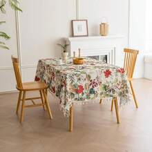 French Country Beige Tablecloth For Square Tables,Fringed Edges With Leaves And Flowers Pattern Tablecloths,Farmhouse Floral Table Cover Cloth Drative For Kitchen Dining Room,59"X 102",24897016 - 紅白色 - 查看 2