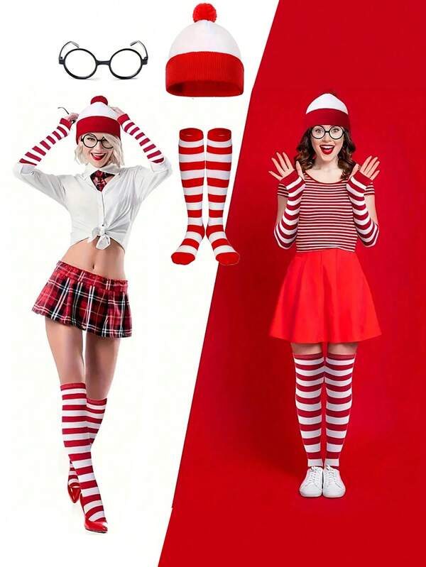 3PCS Lady Red And White Striped Accessory Set - Smart Wally Character Costume For Role-Playing, Costumes For The World Reading Day Costume Party, Includes Hat, Round Glasses, Striped Stockings, Suitable For New Year, Christmas Party Dressing