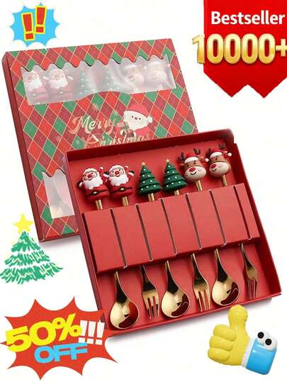 Set de cuillères et fourchettes à café de Noël (2/4/6 pièces), cuillères à café, cuillères et fourchettes en acier inoxydable, cadeaux de Noël pour enfants avec boîte cadeau pour remuer le café, le thé, la soupe, le sucre, les desserts et les condiments, la crème glacée (coffret cadeau)