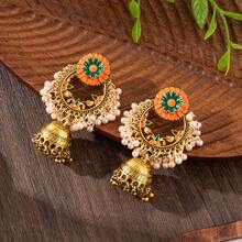 一对复古宫廷风格雕花珠坠耳环 - 橘色 - 查看 4