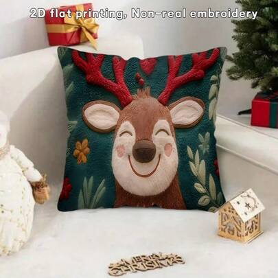 TOPSSCTR 1pc Christmas Cute Elk Printed Throw Pillow Cover, Pillowcase, Holiday Decor, Contemporary Style, Machine Wash, Fabric, Decorative Pillowcase, Christmas Shoppers, Single Side Design, Without Fill