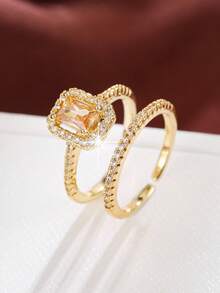 2pcs Gold-Plated Micro-Inlaid Cubic Zirconia Rings, Wedding, Engagement, Proposal Gift Jewelry