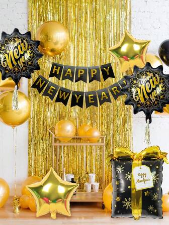 5 件套新年快乐黑色和金色铝箔气球套装，包含新年瓶、礼品盒、五角星气球，适用于 2026 年新年装饰、圣诞节装饰、新年主题、生日派对装饰、周年庆典