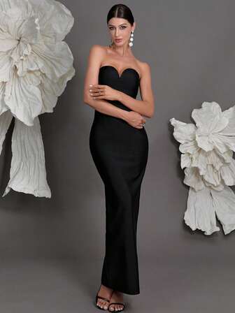 V 领绷带针织紧身连衣裙，奢华欧式性感修身派对鸡尾酒晚礼服