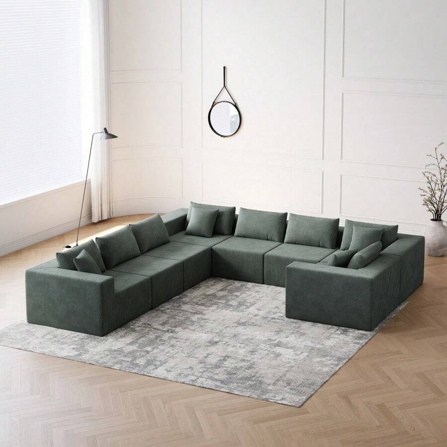 188Inch Corduroy Modular L Shaped Sectional Sofa Luxury Floor Couch Set Upholstered Indoor Furniture FoamFilled Compressed Sofa For Living Room Bedroom 8 PC Free Combination - 軍綠+燈芯絨+8座1 - 查看 1