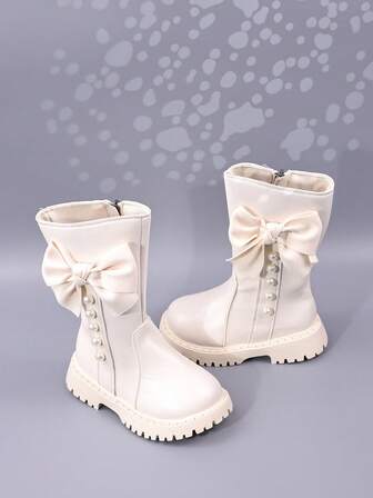 Girls' Boots For Autumn/Winter, New Style Children's High-Top Boots, Mid-Sized Kids' Thick-Soled Bow & Pearl Princess Leather Boots, School Student Shoes, Side Zipper Long Boots For Little Girls