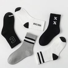 5双装儿童字母条纹中筒袜，百搭，男女童皆宜，春秋季，尺码1-2岁、2-3岁、3-8岁、8-12岁