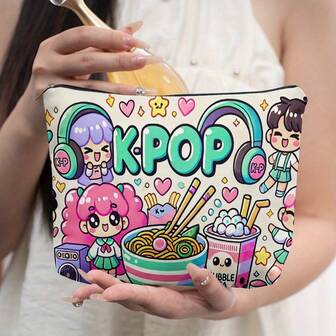 Colorful Kpop Illustration Foldable Cosmetic Bag, Travel Toiletry Bag, Zipper Closure, Gift For Women, Friend's Birthday Or Graduation, Travel Bag, Portable Bag, Makeup Organizer, Cartoon Illustration, Music Theme Travel Essential, Makeup Storage Box, Gift For Friend, Birthday Gift,Christmas Gifts,Pouch,Travel