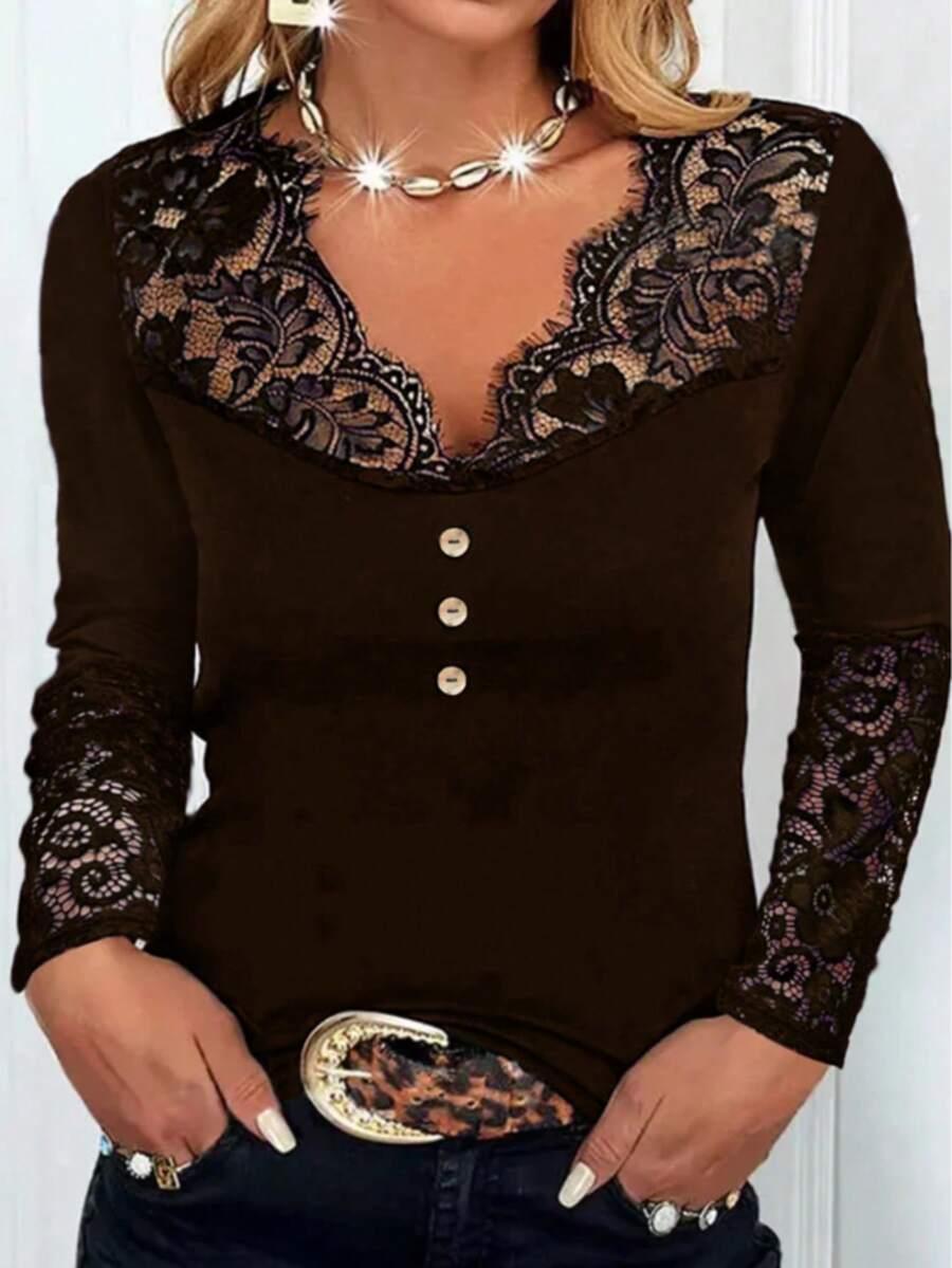 Plus Size Elegant Lace Patchwork Long Sleeve T-Shirt, Autumn Casual Spring - Brown - View 1