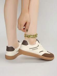 女士多功能时尚休闲鞋，平底防滑系带圆头橡胶底休闲运动鞋，黑卡其色拼接，日常穿着鞋，休闲鞋，尺码36-41，时尚德国训练鞋，白灰色 - 棕色 - 查看 6