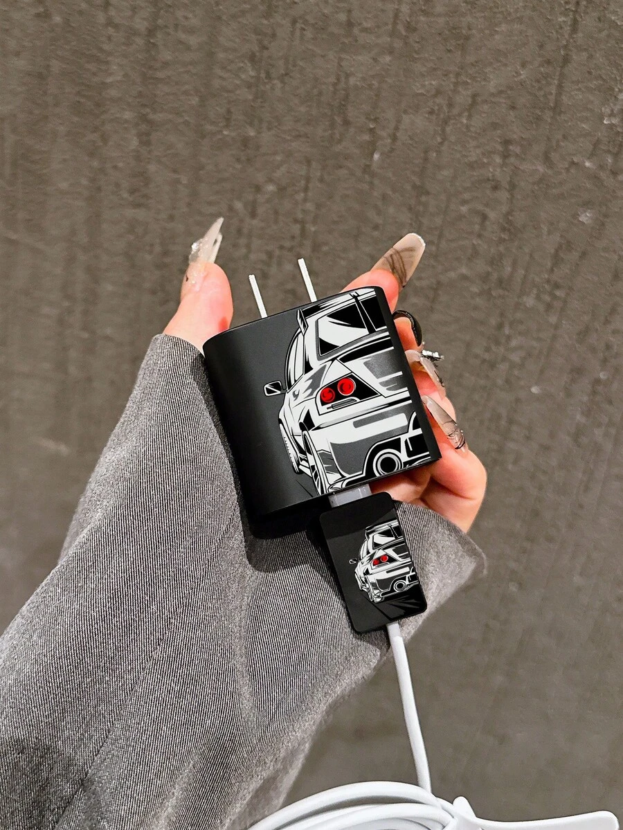 4 件黑色时尚跑车充电适配器盖、数据线整理器套装 - 20W/18W 充电器适配器、适配器头盖,兼容 11/12/13/14/15/16/13 Pro Max/16 Pro Max/17 Pro Max - 黑色 - 查看 1