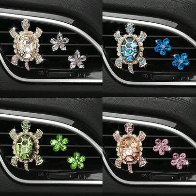 3 قطع مشبك على فتحة التهوية للسيارة مزين بزهرة من الأحجار الكريستالية والسلحفاة البحرية، موزع عطري للعطور الطبيعية، ديكور داخلي للسيارة ومعطر هواء