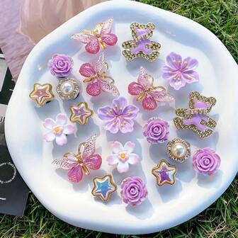 20 件蝴蝶与动物 Y2K 优雅不对称/不匹配鞋子 DIY 装饰，适合室内外，四季皆宜，紫色