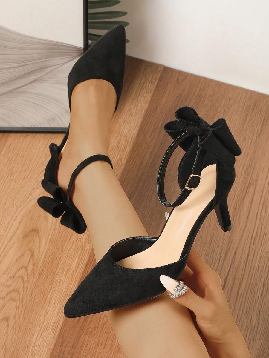 Black Satin Bow Pointed Toe High Heel Shoes For Women, Essential For Holidays, Spring/Autumn - Black - View 1