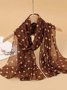 1pc Women's Elegant Minimalist Classic Polka Dot Printed Chiffon Scarf, Lightweight & Breathable Shawl Wrap - Cà phê nâu - Xem 7