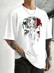 Skull Mexico Flag Digital Printed T Shirt 220g Casual Men's 100% Cotton Tee 1pcs Unique Graphic Design Top For Summer - White - View 1