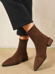 Stylish Women's Boots, British Style Anti-Slip Skinny Boots, Fashion Versatile Pointed Toe Ankle Boots, Spring/Autumn, Zipper Back, Chunky Heel - Brown - View 3