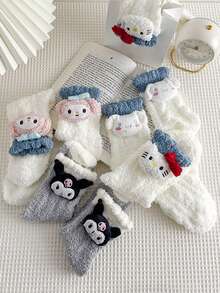 Sanrio 4 Pairs Women's Autumn/Winter Coral Fleece Cute Cartoon Hello Kitty, My Melody, Kuromi, Cinnamoroll Pattern Fashion Warm Comfortable Sleepwear Mid-Calf Socks