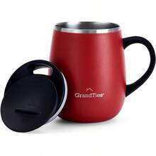 GRANDTIES - Taza de café aislante con asa, tapa deslizante para evitar salpicaduras, termo con forma de copa de vino de 16 oz con doble pared al vacío de acero inoxidable - Rojo arándano - Ver 12