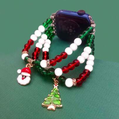 1 pezzo Cinturino per orologio elastico con elementi natalizi, adatto per Apple Watch Ultra SE Serie 1-10, misure 38mm/40mm/41mm/42mm/44mm/45mm/46mm/49mm, con decorazioni natalizie fatte a mano di albero di Natale e omino di pan di zenzero, cinturino regolabile, regalo di Natale (solo cinturino)