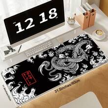 1pc Japanese Dragon Large Gaming Mouse Pad For Desk, Black Mouse Pad Gaming Mouse Mat Desk Pad, Non-Slip Base Computer Pad Keyboard Mat, XL Mousepad With Stitched Edge For Home Office
