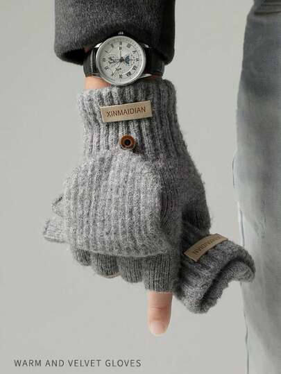 1 Pair Merino Wool Thickened Knitted Fingerless Thermal Unisex Gloves With Flip-Top In Clod Weather, Soft And Furry Designed Lining, Heated Wool Gloves, Striped Letter Fashion Flexible Touchscreen Winter Mittens, Black, Brown And White Winter Accessories For Men And Women, Snowbording Clothes, Hunting Gear, Suitable For Winter Outdoor