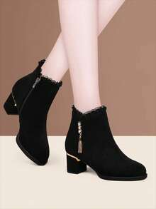 2025 秋冬新款圆头水钻低跟粗跟仿麂皮女式踝靴 - 黑色 - 查看 5