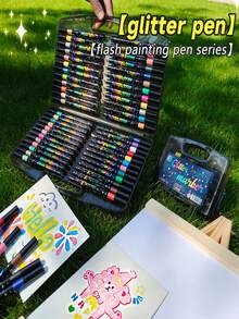 Conjunto de 24/12 Canetas Marcadoras Fluorescentes de Ponta Macia, Marcadores para Desenho e Arte Escolar com Glitter - Multicolorido - Ver 1