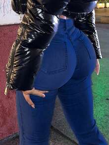 NVFelix 女士高腰修身喇叭牛仔裤，轻薄弹力面料，优雅时尚，Y2K户外休闲风，适合春夏穿着 - 深色水洗藍 - 查看 9