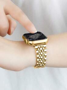 2pcs/Set Stainless Steel Metal Band + Case, Gold Color, Compatible With Apple Watch Bands 40mm, 41mm, 42mm, 38mm, 45mm, 44mm, 42mm, 46mm, 49mm, Suitable For Apple Watch Series 11/10/9/8/7/6/5/4/3/2/1/SE, Ultra-Thin Luxury Band + Screen Protector, Gold Band, Case - Gold - View 4