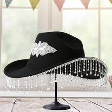 Women's Felt Bridal Cowgirl Hat Wide Brim Jazz Cap Stylish Rhinestone Tassel Western Hat For Party - màu đen - Xem 5
