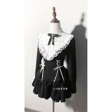 Niche Mine Style Gothic Straps Waist Antique Lolita Lace Patchwork Dress Cosplay - màu đen - Xem 1