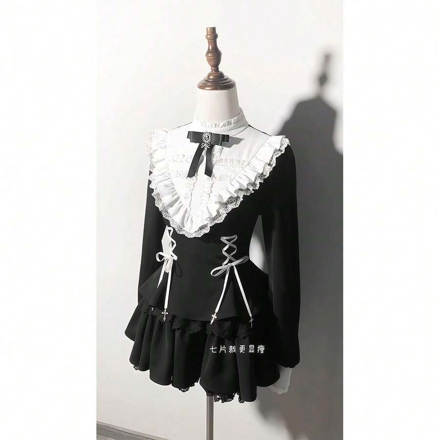 Niche Mine Style Gothic Straps Waist Antique Lolita Lace Patchwork Dress Cosplay - màu đen - Xem 1