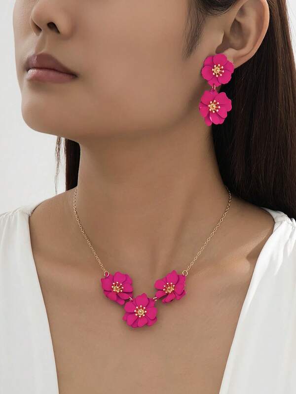 2 sztuki/zestaw Elegancki zestaw kolczyków i naszyjnika z różowo-różowymi kwiatami dla kobiet, odpowiedni do codziennego stroju do pracy