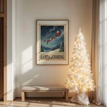 لوحة جدارية بطباعة سانتا كلوز بلا إطار مع زلاجة، "سانتا قادم" ، ديكور جداري لغرفة المعيشة وغرفة النوم وغرفة السكن، مجموعة ملصقات أعياد الميلاد وفن سانتا كلوز، طباعة احتفال الشتاء