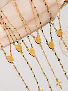 1pc Virgin Mary Rosary Beads Stainless Steel Cross Pendant Y Necklace For Women Religious Jewelry