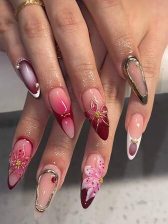 Pure Handmade Nails 3D Nails Aura Nails Burgundy Red Nails Gold Chrome French Tips Long Almond Press On Nails 10Pcs Fake Nails For Women Girls Daily Wear