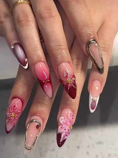 Uñas postizas de 10 piezas hechas a mano, con diseño 3D, efecto aura, color rojo burdeos, puntas francesas doradas cromadas y forma de almendra larga, para uso diario de mujeres y niñas