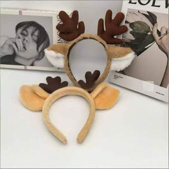 Diadema con cuernos de reno estilo lindo y navideño, decoración de fiesta festiva navideña con orejas de ciervo de peluche