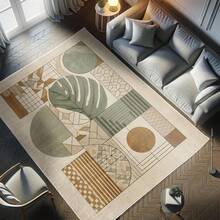 Retro Mid Century Abstract Pattern Rug On Ivory Background, Dark Orange And Reseda Green, 4' X 5' 5", Ideal For Bedroom, Dorm And Living Room - 譚薑和月桂綠 - 查看 8