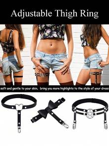 女士朋克风过膝长筒袜吊袜带，饰有心形、星星、蝴蝶结图案，可调节松紧带，带防滑夹扣