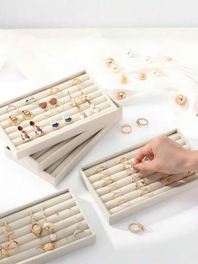 9/1pc High Quality Stackable Velvet Jewelry Trays - Lint Free - Durable - Stackable Fine Jewelry Trays/Racks, Jewelry Drawer Insert Container Display Boxes For Earrings, Rings, Necklaces And Other Jewelry - Organize Your Jewelry Stylishly (Beige)