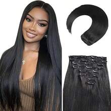 Real Human Hair Clip In Hair Extensions 8Pcs 16inch Clips In Human Hair Extension Striaght 8Pcs Double Weft Thick And Soft Natural Black 100g - Natural Black - 查看 1