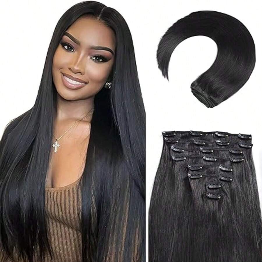 Real Human Hair Clip In Hair Extensions 8Pcs 16inch Clips In Human Hair Extension Striaght 8Pcs Double Weft Thick And Soft Natural Black 100g - Natural Black - 查看 1