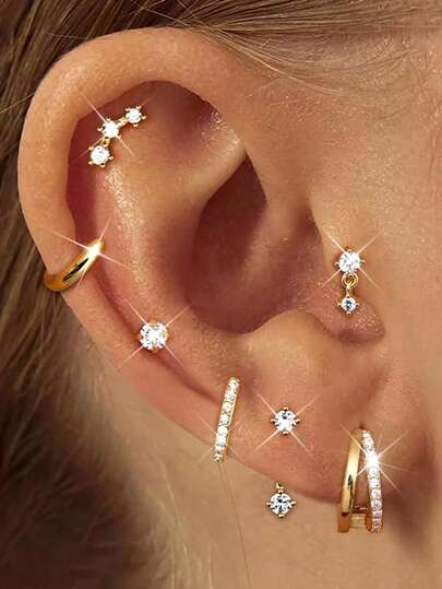 7pcs/Set Fashionable, Elegant, Delicate Vintage Design Copper Material Synthetic Zirconia Bling Bling Shiny Minimalist Plain Hoop Tassel Pendant Earrings Set, Suitable For Holiday, Party, Date, Gift, Daily Wear